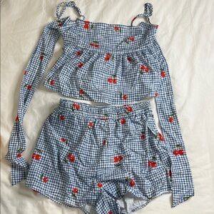 Blue Gingham Cherry Print Two-Piece Set
